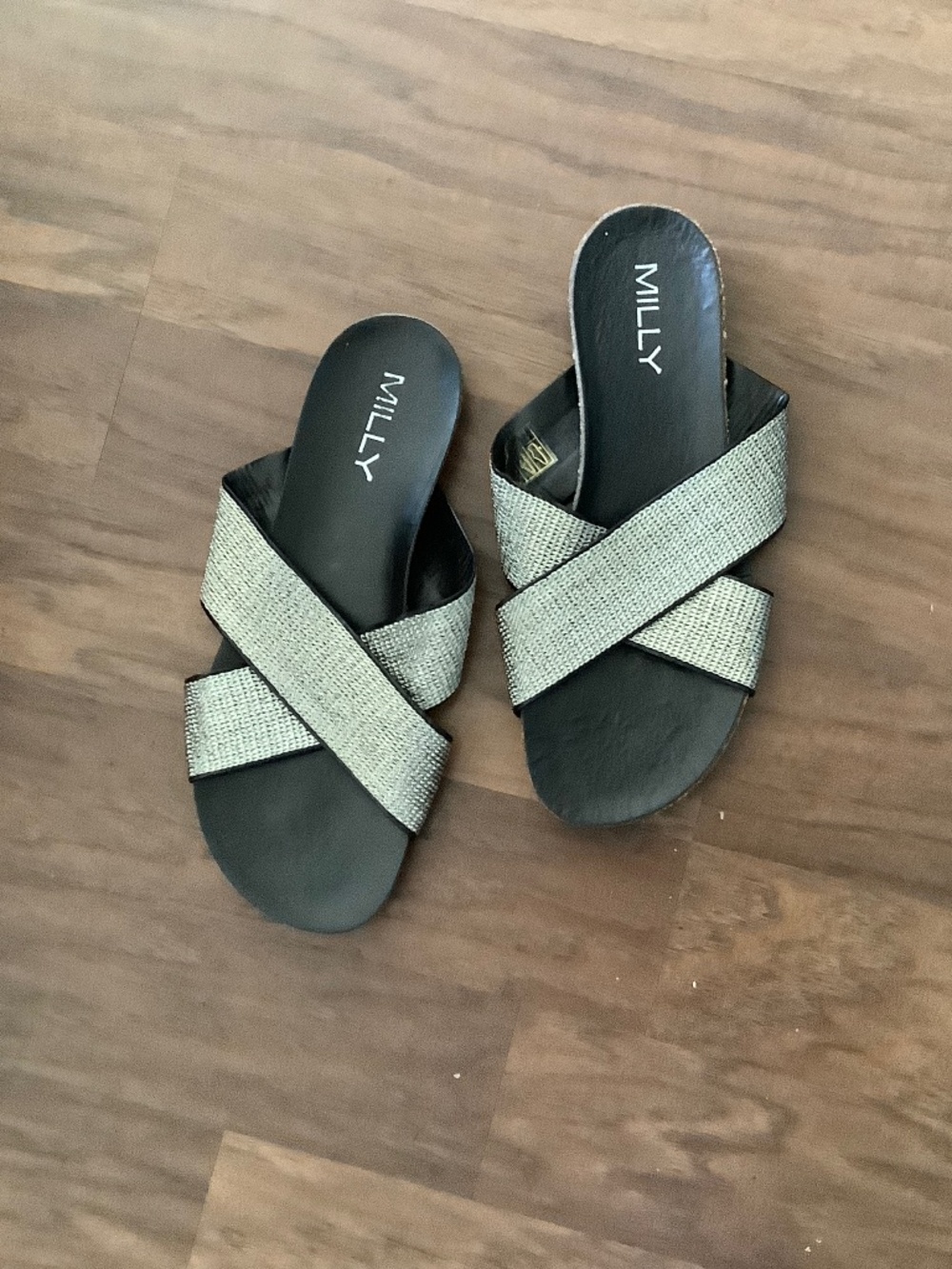 NWOT Milly silver cross-cross slip-on